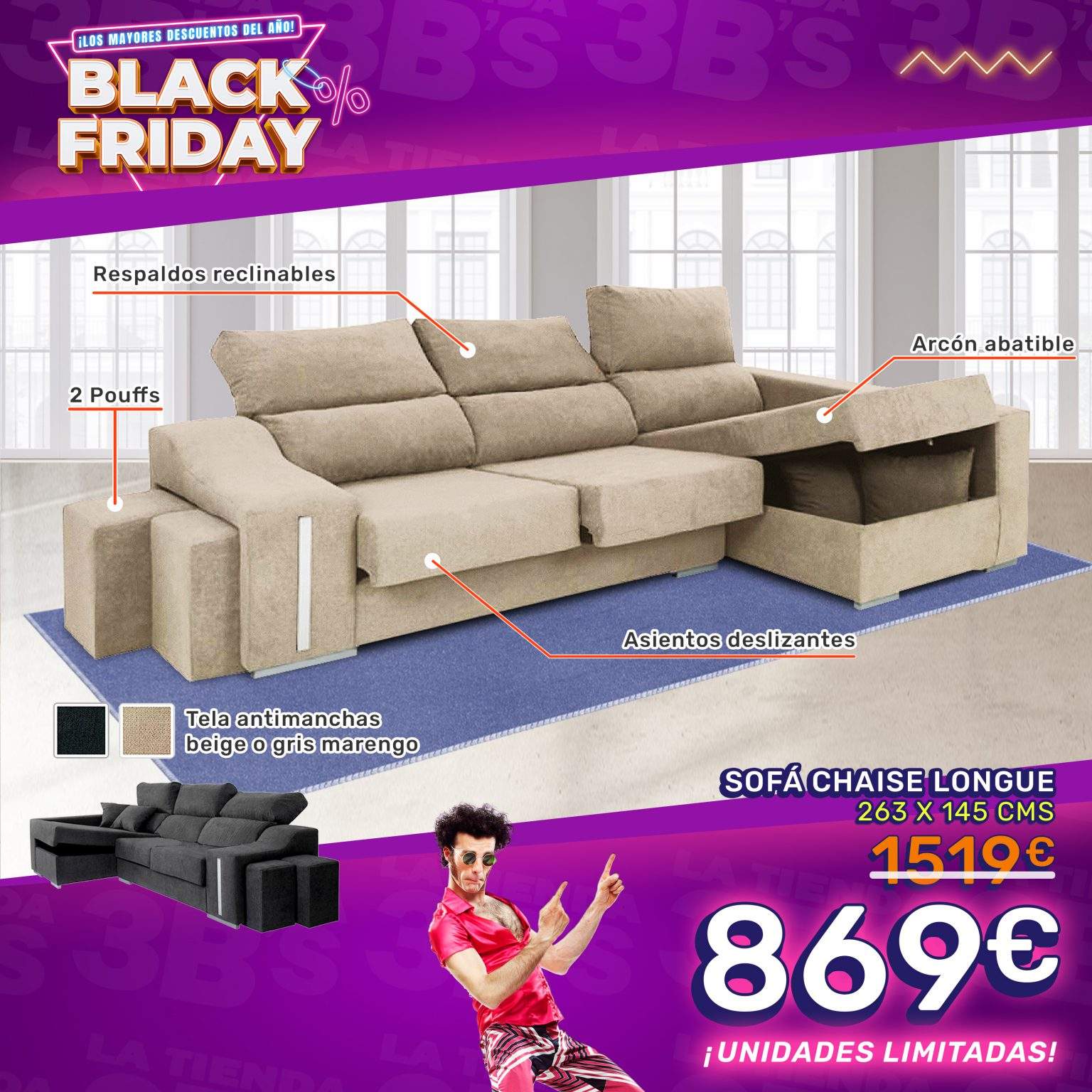 Black Friday 2022 Oferta sofa chaiselongue | La Tienda 3Bs